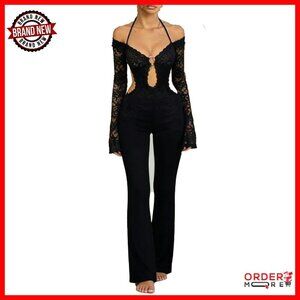 Lace Jumpsuit Long Sleeve Hollow Out Backless Flare Pants One Piece